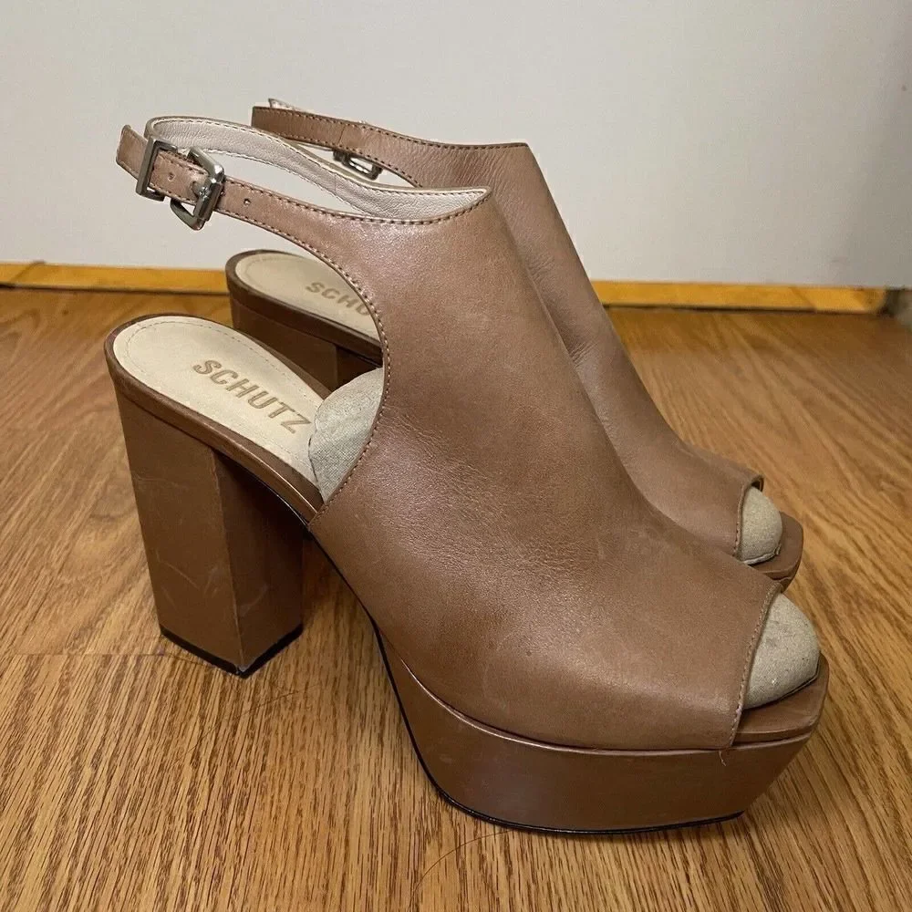 SCHUTZ Brown Soft Leather Peep toe slingback platform heels size US 9